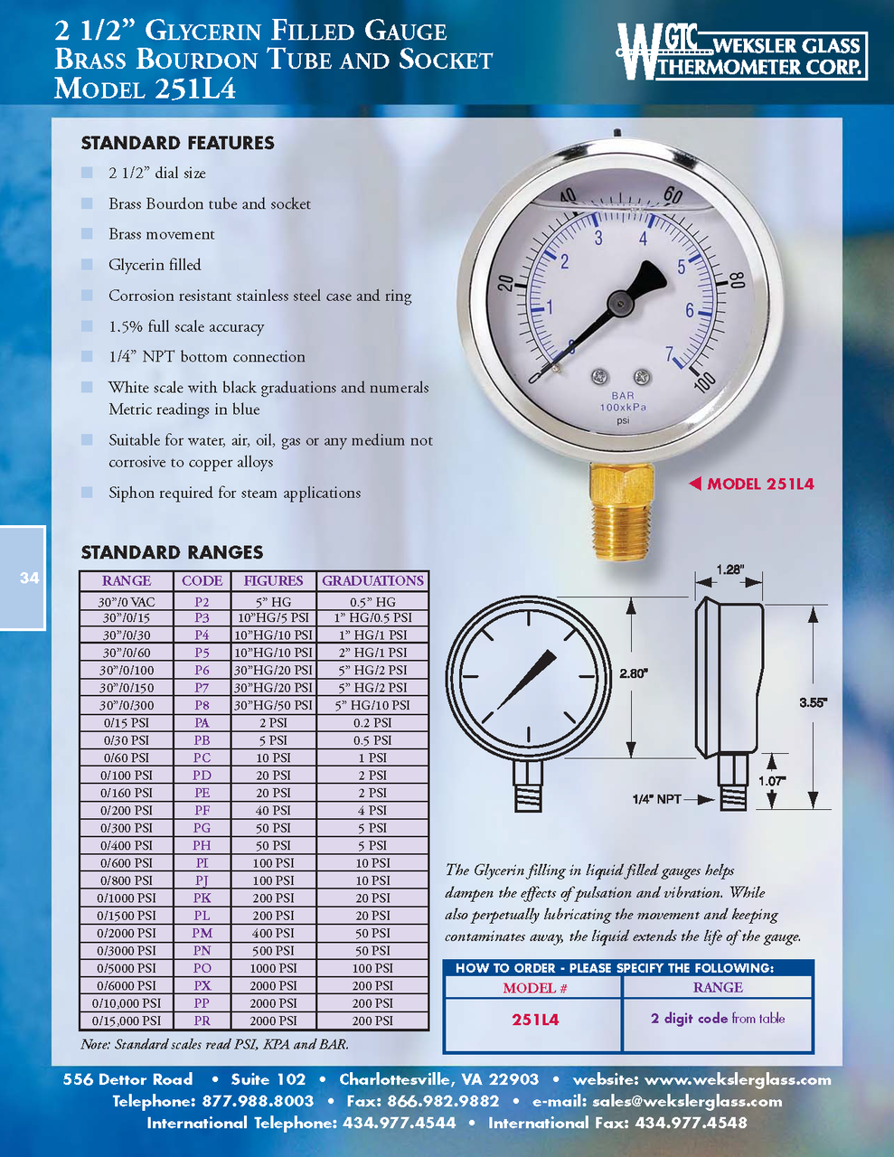 2.5" Dial SSTL Pressure Gauge - Glycerin Filled - Weksler GTC