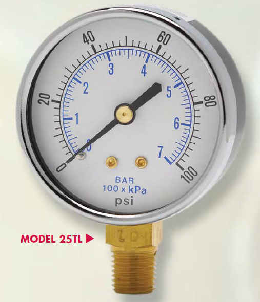 2.5" Utility Pressure Gauge 1/4" NPT Lower Connection - Weksler 25TL4