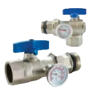 Pex Manifold Ball Valve, With Temperature Gauge, Blue   Handles.