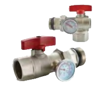 Pex Manifold Ball Valve, With Temperature Gauge, Red   Handles.