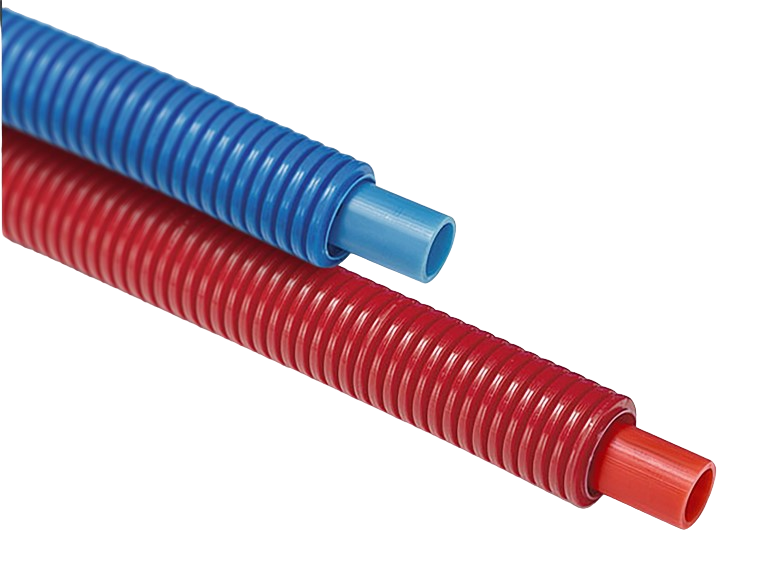 Pre-Sleeved PEX Pipe; available in blue or red.